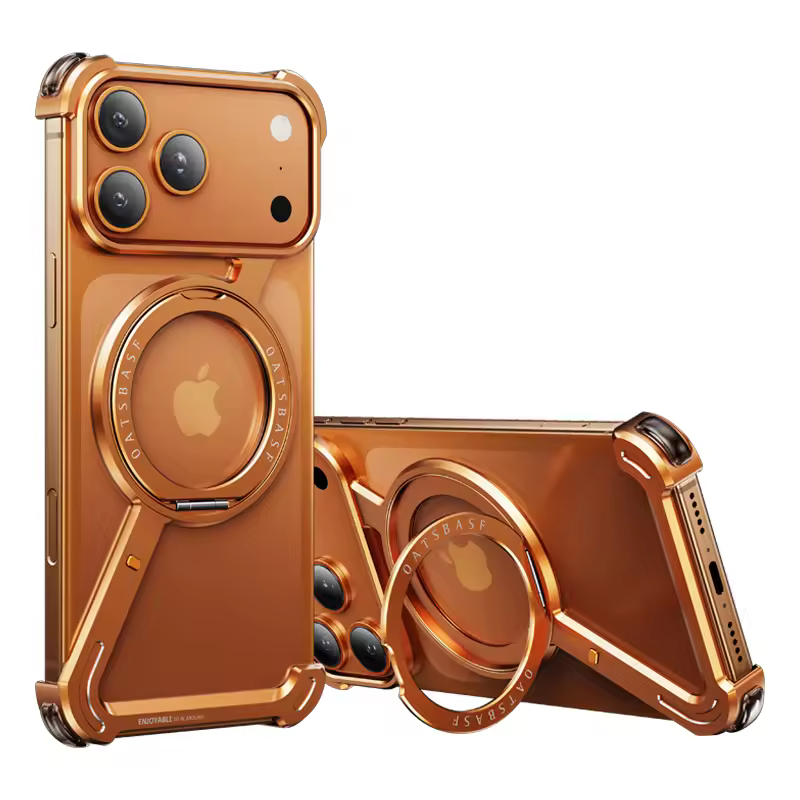 Z Type Frameless Aluminum Metal Case for iPhone 17 Pro Max With Rotatable Ring Magnetic Stand Protective Cover