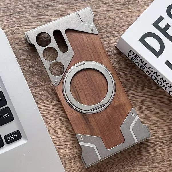 Magnetic Aluminum Metal Frameless Real Wood Case for Samsung Galaxy S25 S24 Ultra Cover Built-in 360 Rotating Holder