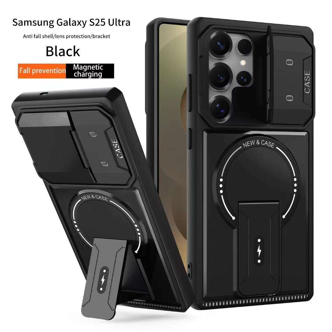 New Bracket Magnetic Shell TPU+PC+Hardware Three in One Material Flip Style Lens Cover for Samsung